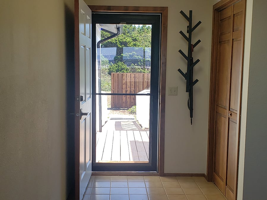 View of forest from front door entryway.