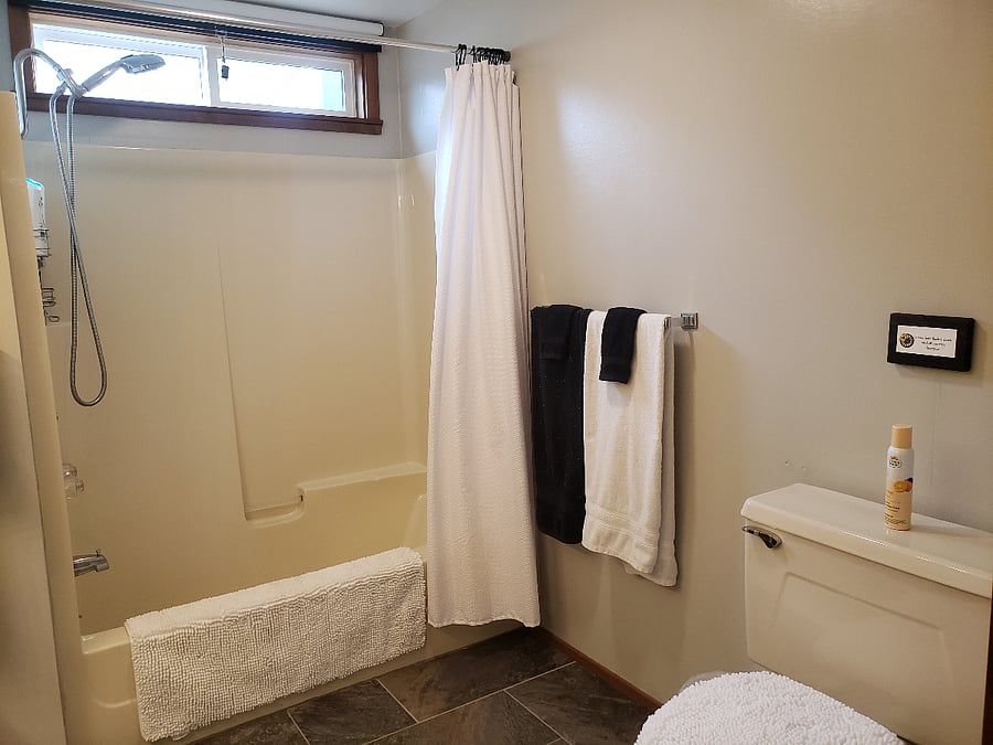 Guest bathroom with shower and bath tub.