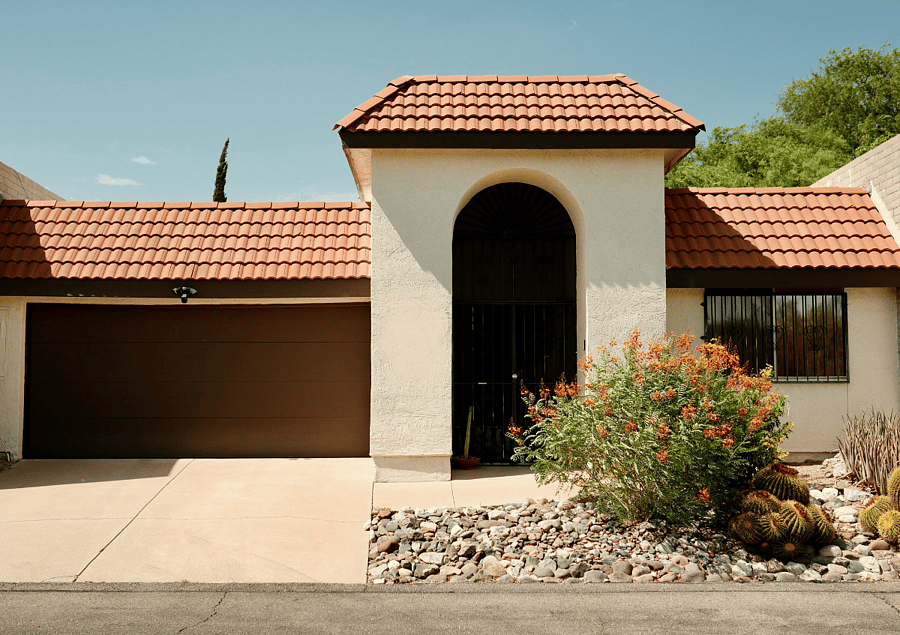 Main entrance/garage in front of the house. Smart lock entry.