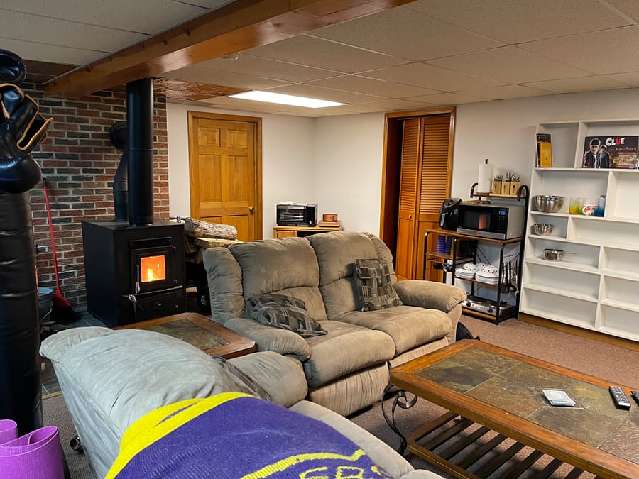 Living room area. Wood burning furnace