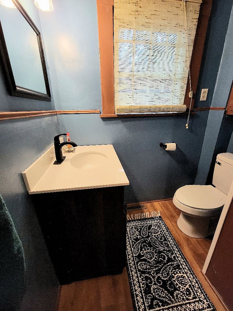 Bathroom: vanity sink and toilet