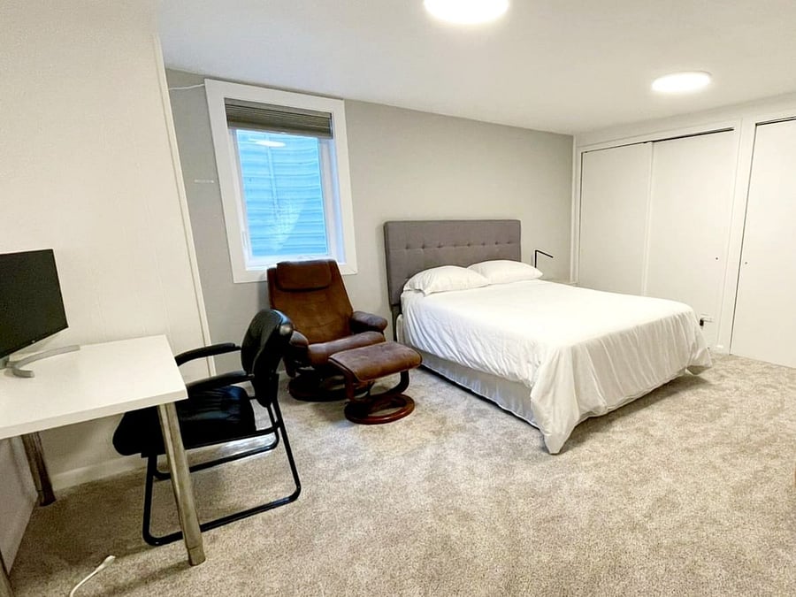 Basement large bedroom and office space with additional monitor