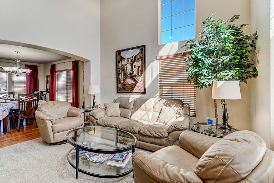 Bask in the warmth of sunshine streaming through expansive windows, filling the room w/ natural light. The open two-story high ceiling in the living room creates an airy & spacious feel and is the perfect setting for relaxation or lively gatherings