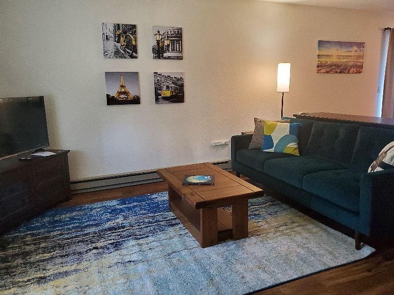 Living room couch and television.