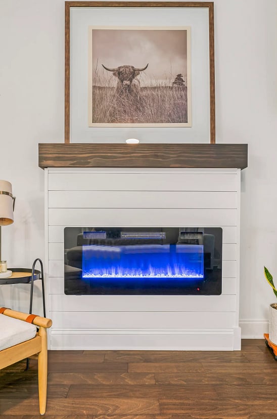 Living Room with lots of natural light, 75" smart TV, fireplace that can be used as a heat source or simply an ambiance. 