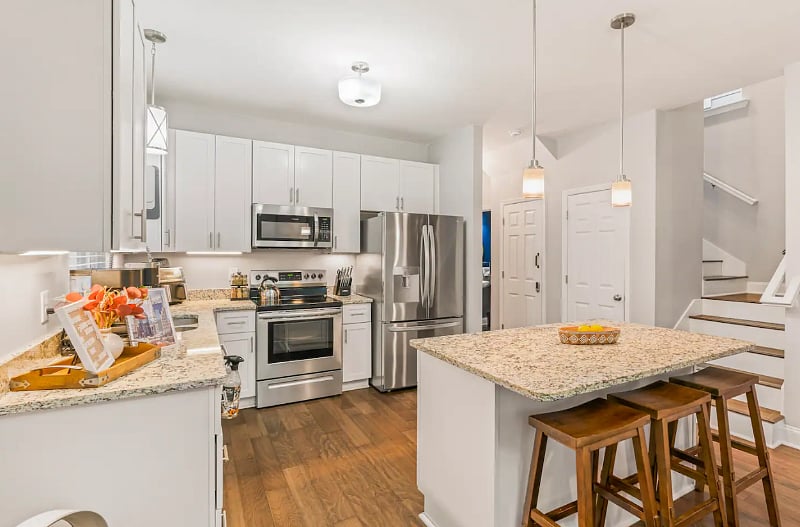Kitchen equipped with fridge, stove, dishwasher, microwave, high end appliances such as Ninja Air fryer, Ninja Blender, Keurig Coffee Pot/Cup Maker, Spices and anything else you may need to make yourself at home. 
