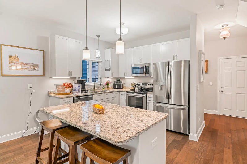 Kitchen equipped with fridge, stove, dishwasher, microwave, high end appliances such as Ninja Air fryer, Ninja Blender, Keurig Coffee Pot/Cup Maker, Spices and anything else you may need to make yourself at home. 