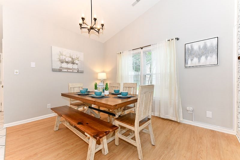 farmhouse style dining set that seats up to 8 guests