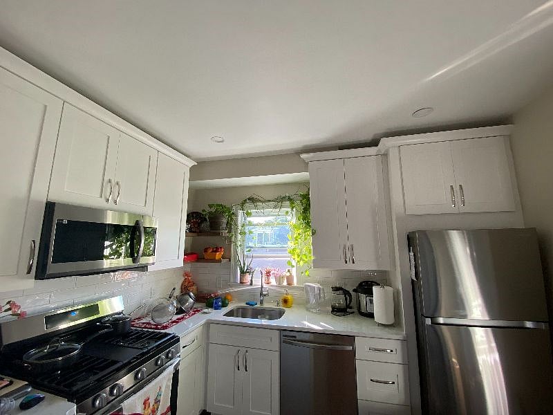 Spacious kitchen with all new appliances and waterfalling golden pothos plant.