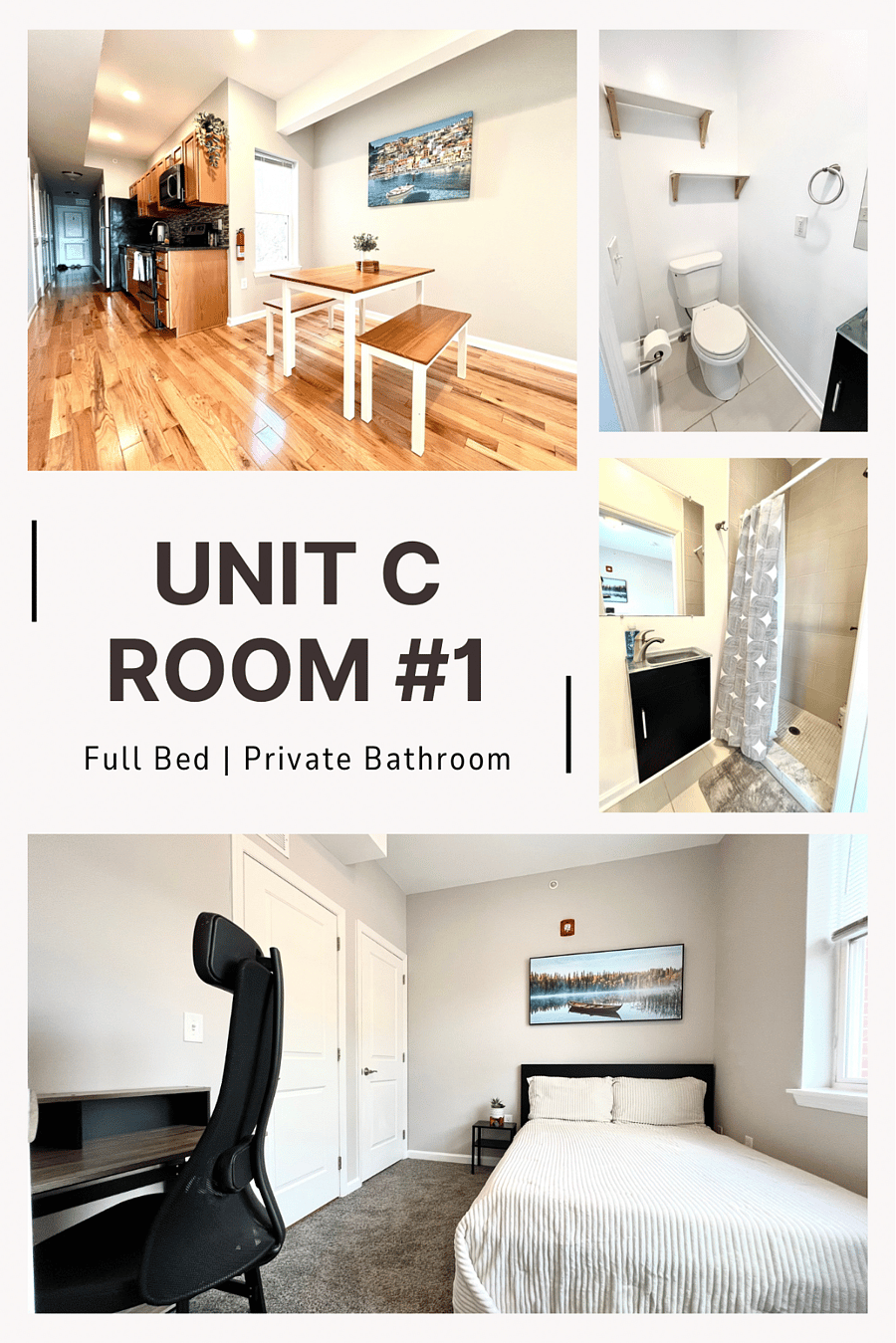 Unit C Bedroom #1 - Full Sized Bed, Desk, and Private Bathroom inside room
$895 Available 8/11/26