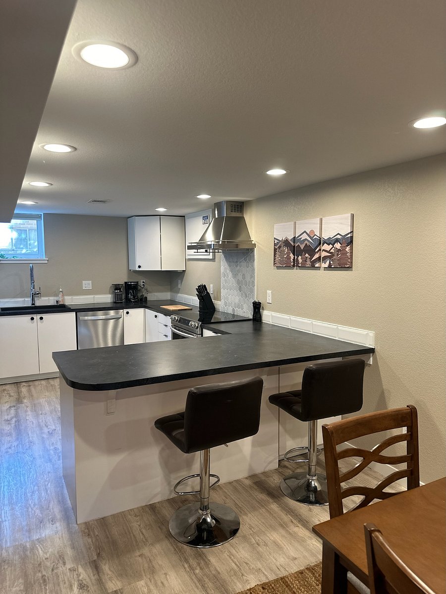 Kitchen view from living room - barstool seating for two.