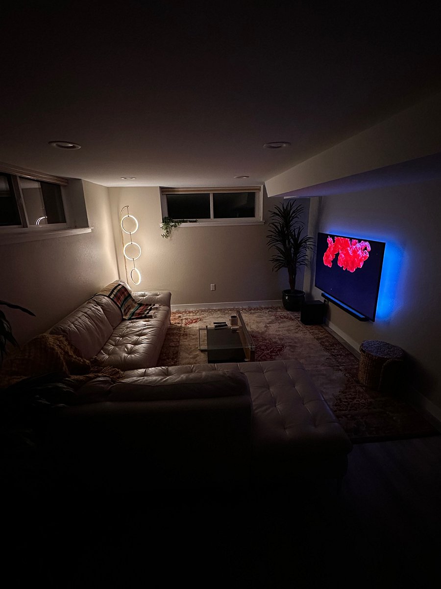 Evening view of living room with cool hoop-style dimmable lamp and TV with available LED backlighting.