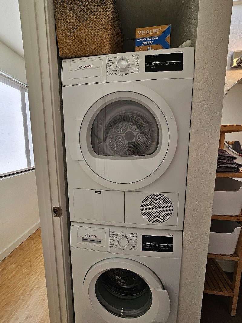 European washer and dryer in-unit.