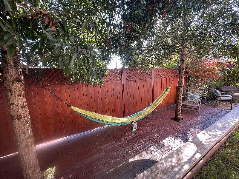 Relaxing hammock on the back deck. Nice shaded reading area and great for naps!