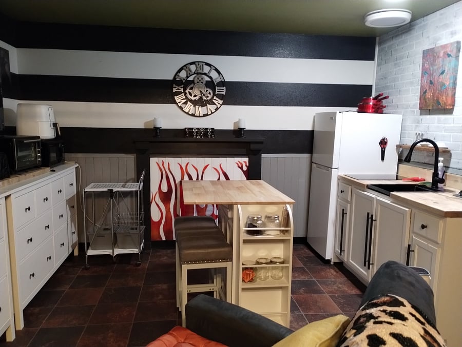 air fryer, rotisserie toaster oven, coffee maker, microwave, toaster, refrigerator with freezer