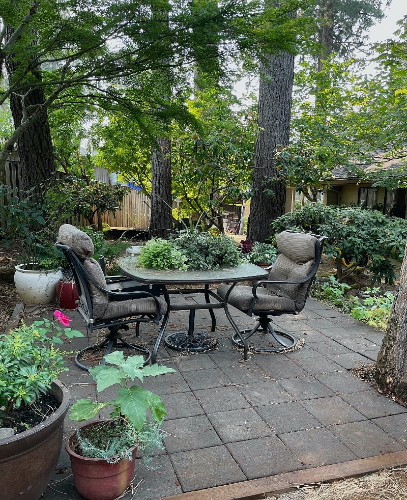 Private backyard features a wood deck with barbecue, and brick patio overlooking the pond.
