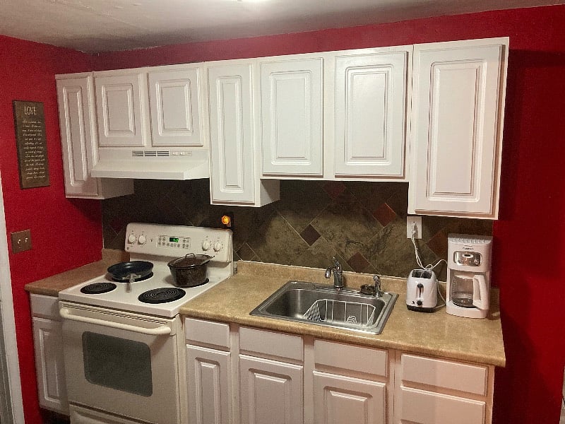Full kitchen with full dish sets, pots, pans, Utensils. Ready to cook
