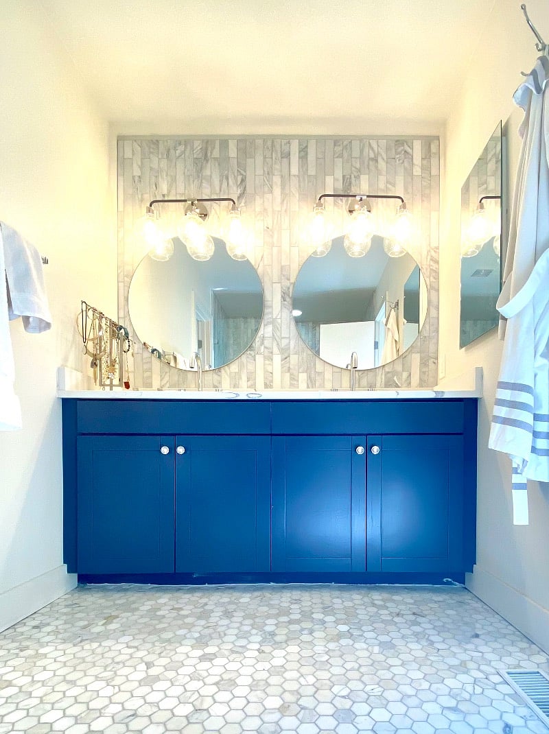 Primary bathroom with TileBar marble tiles.