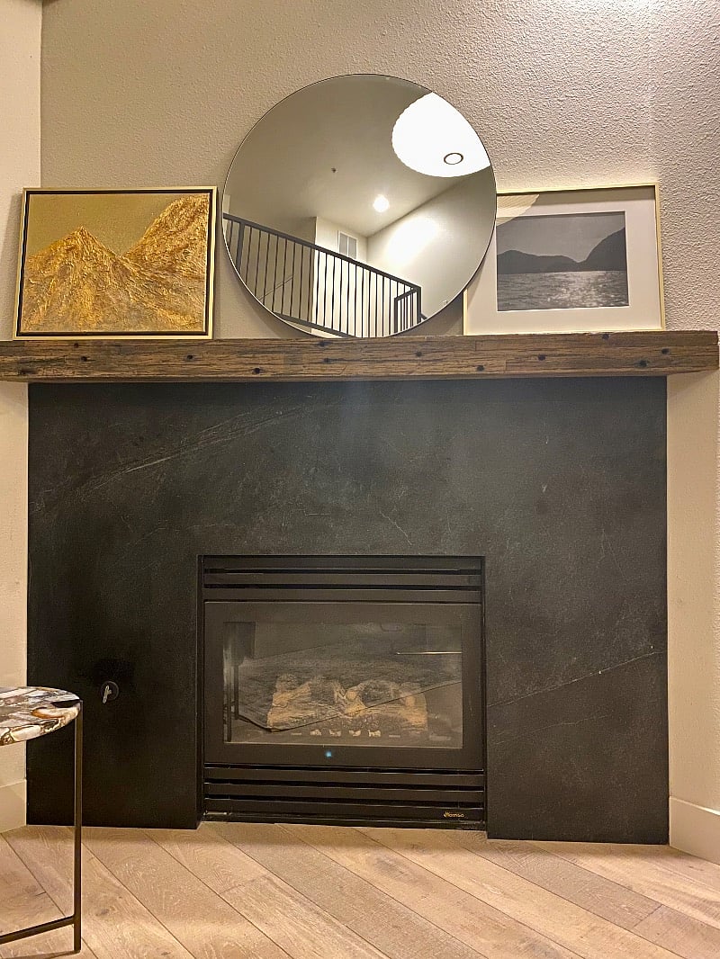 Honed soapstone fireplace.