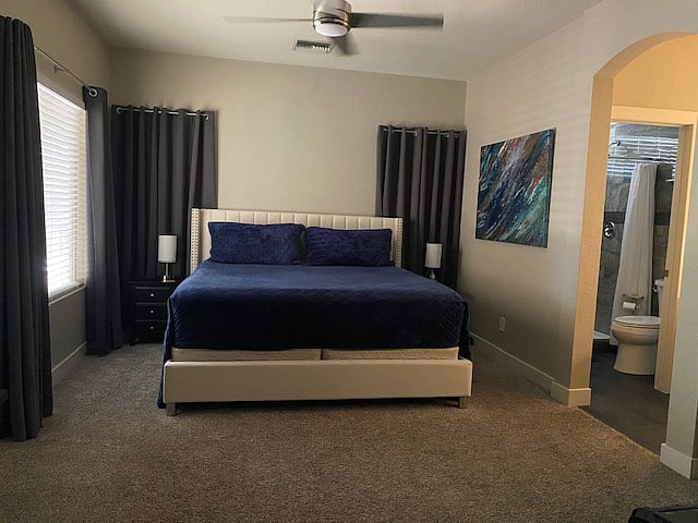 Master Bedroom; new bed frame/headboard w/ medium-firm mattress & soft top mattress pad for comfort, new pillows & bedding