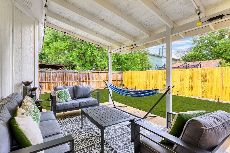 Coverd pario with hammock, grill, relaxing water feature