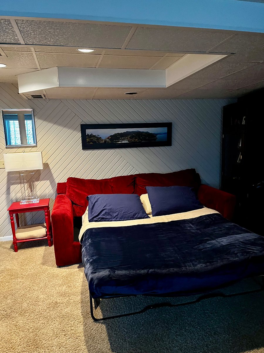 Pull out sleeper sofa in finished basement.