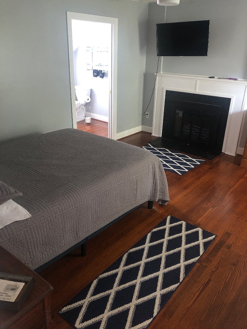 Bedroom with fireplace.