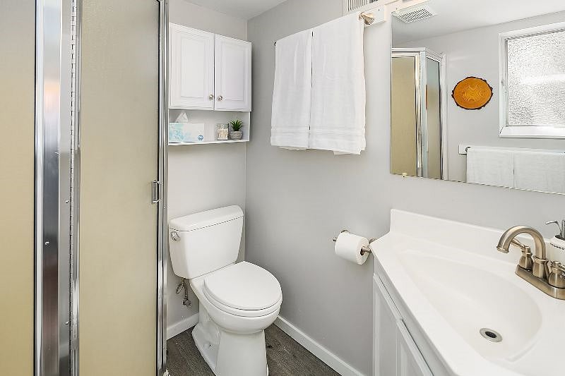 The bathroom includes a small stand up shower, toilet, and sink.