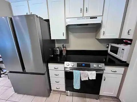 Fridge and stove view.