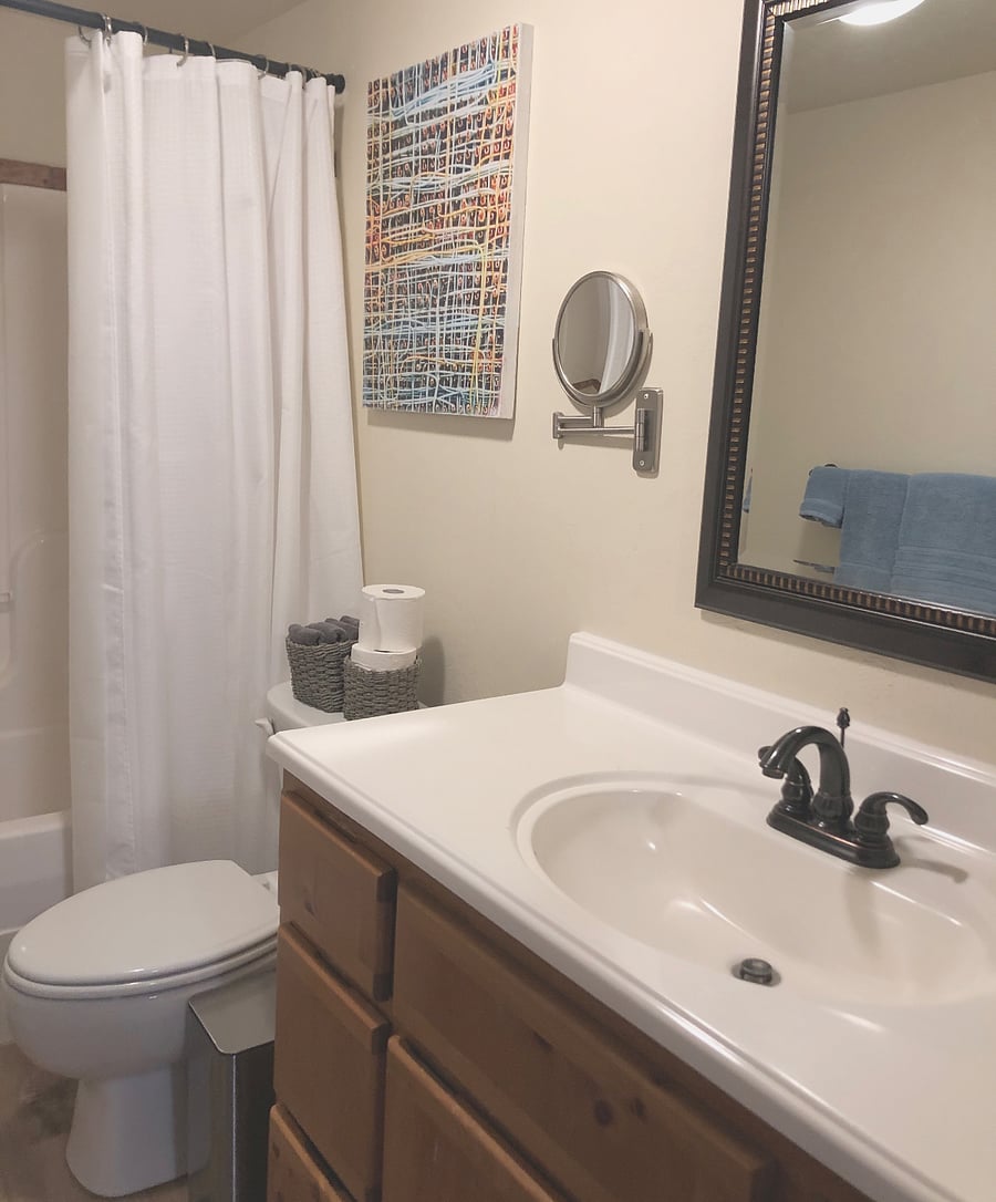 Super clean and well stocked bathroom.