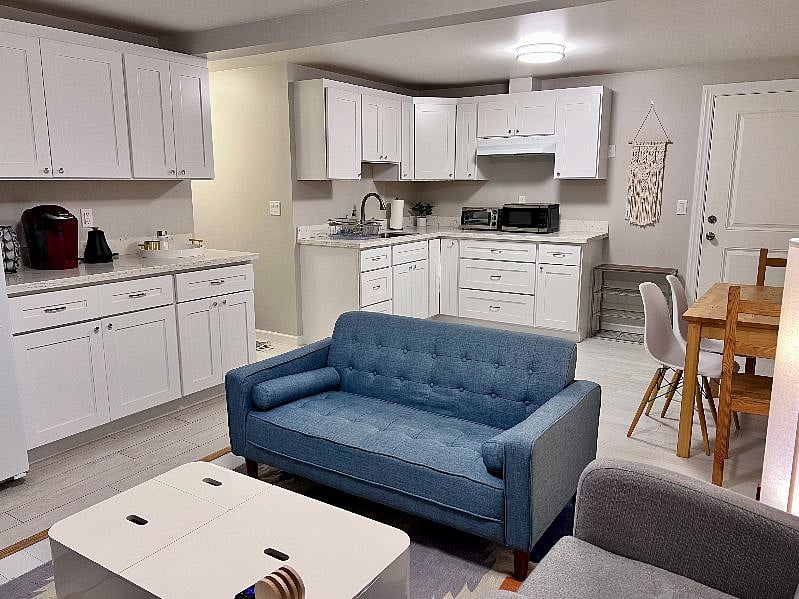 Spacious open floor plan living room and kitchenette