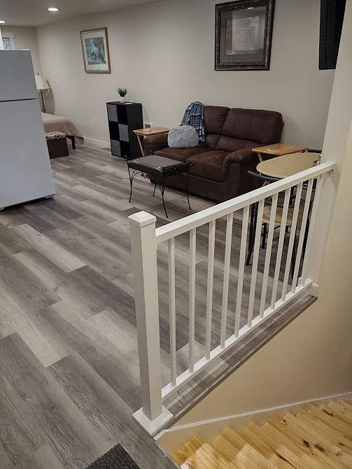 Vinyl plank flooring & zero carpet makes for easy cleaning & helps w/ allergies too. . .