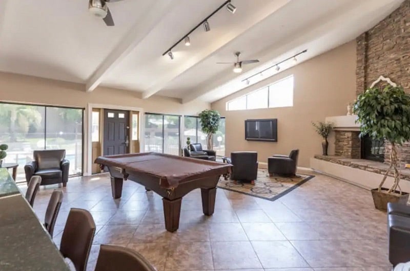 Rec room also has pool table and lounge chairs 