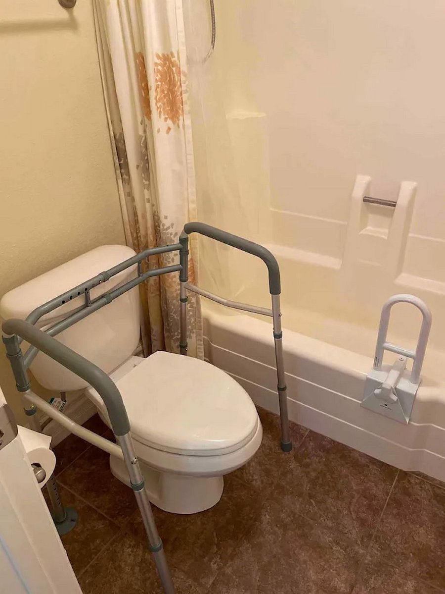 Removable rails for bathroom toilet and bath tub available per request before checking in. 