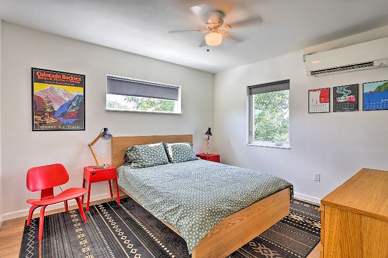 Comfy queen bed and room-darkening shades.