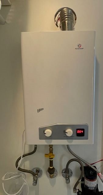 Shower is heated by propane on demand hot water heater. This requires setting the temperature on the heater before getting in shower and cannot be adjusted inside shower.