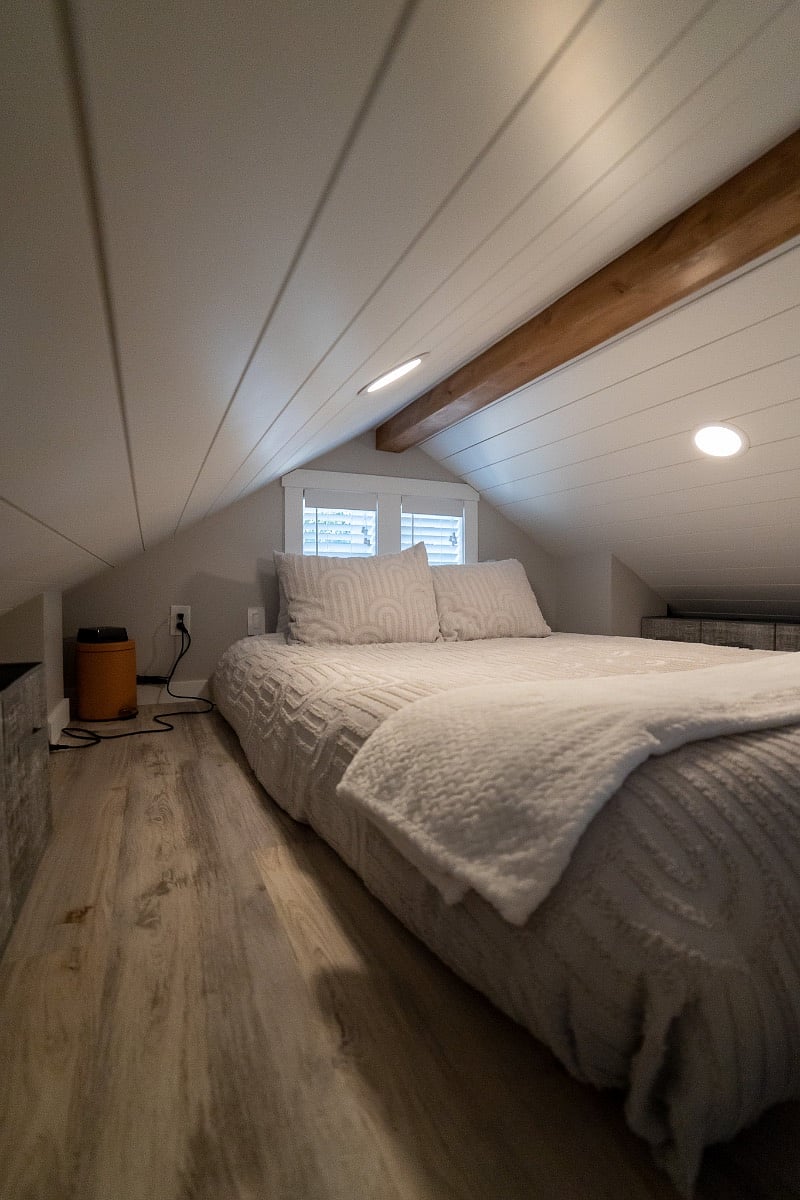 Queen size mattress, shiplap ceiling