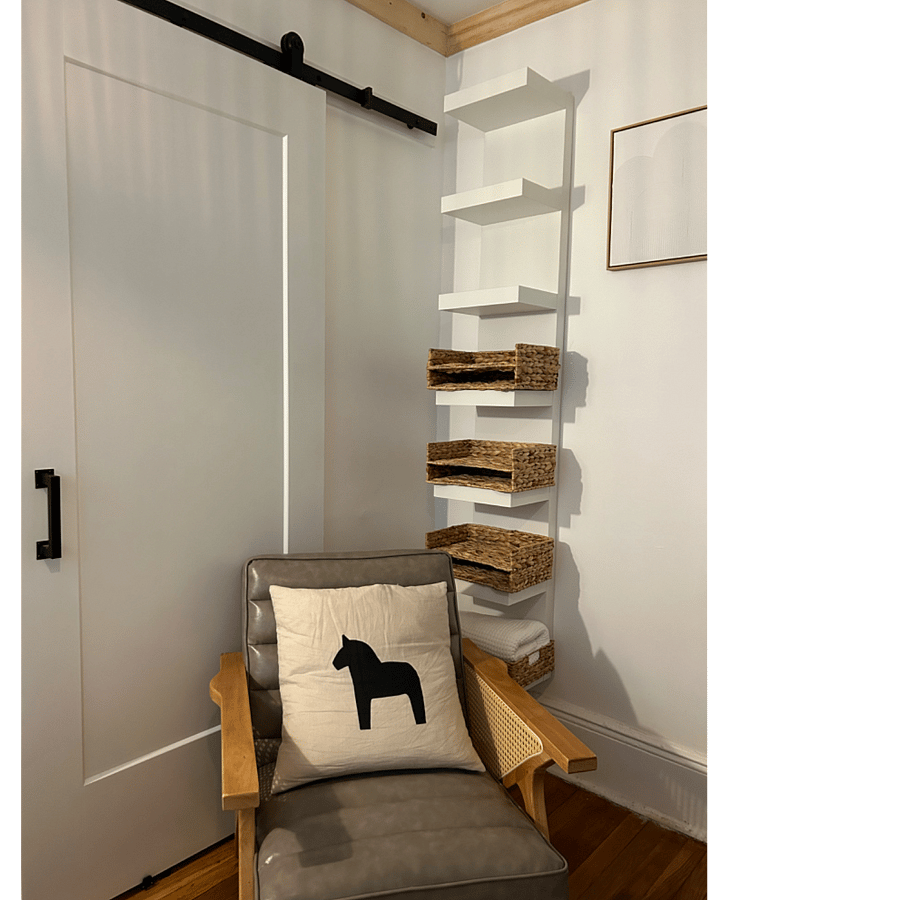 New shelved added to store devices and have a home for paperwork and books and whatever!