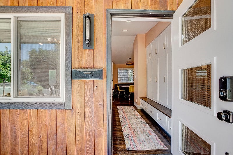 Mud room lockers for storage of coats, bags, shoes and coats.