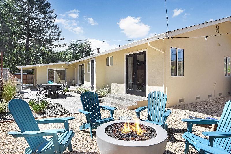 Firepit in backyard, with propane tank