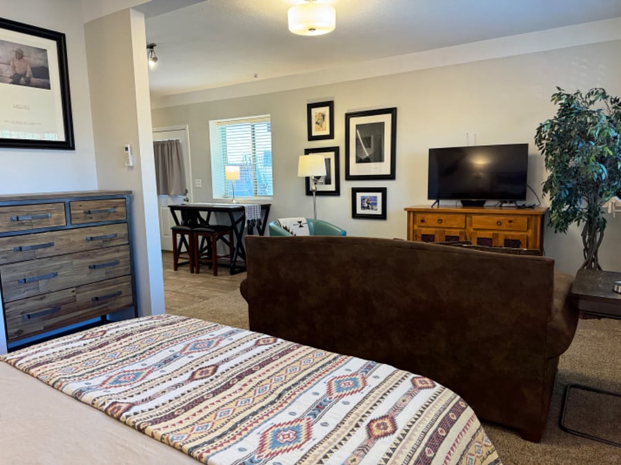 Queen bed and living area.