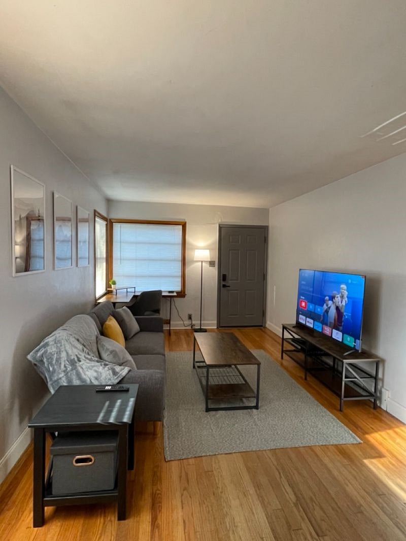 Living room with desk work space and chair, art work, coffee table, end table, tv stand, 58" TCL Google Smart TV, rug, lamps, usb charger and outlet extender, 500mbps WiFi internet, queen blanket, throw pillows, foldable futon couch for additional full-sized sleeping space, and dvd player.