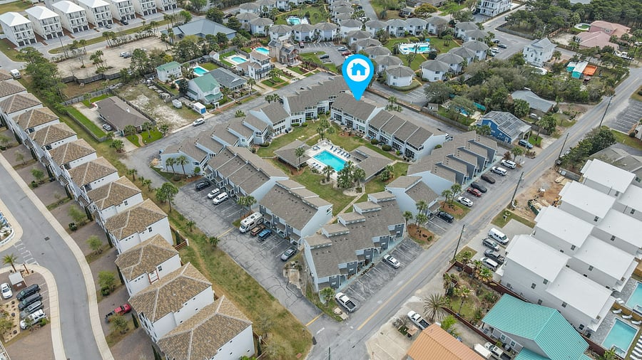 Top view of the spacious landscape and pool