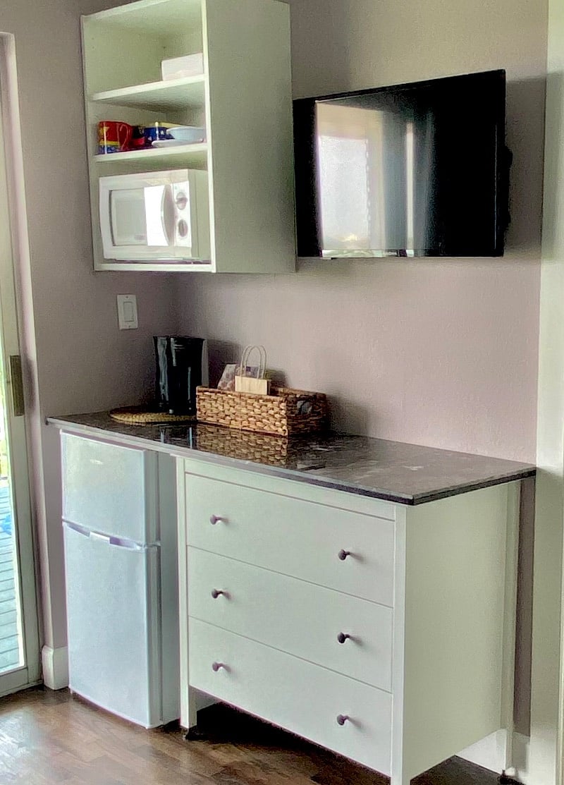 Mini fridge, microwave, coffee maker in room