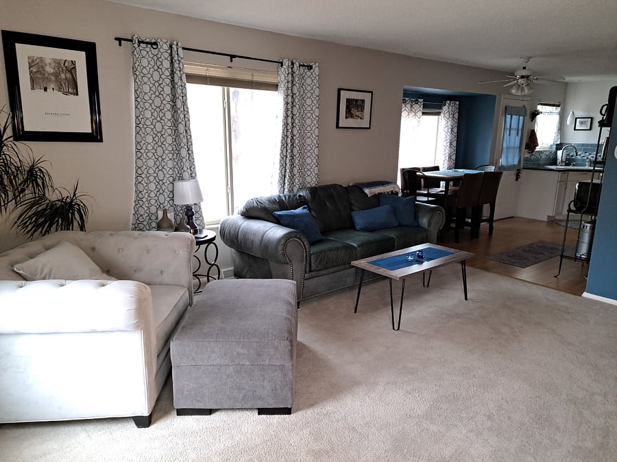 Living Room & Dining nook have west facing windows to lawn, trees and a quiet hillside.