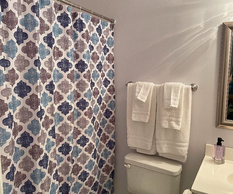 Main bath with tub/shower combo unit.  Hairdryer under sink.  Starter supplies of shampoos, soap, conditioner for shower & toilet paper. Full dispenser bottle of hand soap. 
