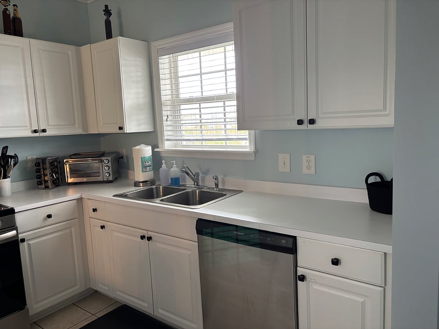 New dishwasher install in May 2023

Full roll of paper towels provided.  Full dispenser with dish soap and hand soap at sink.  Under sink youll find dishwasher tablets, dish rack, and various basic cleaning supplies. 