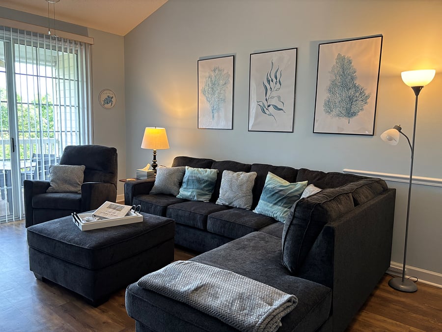 Brand new sofa sectional with double sleep sofa.  New recliner, end table, and lamps. Fresh mattress aint and wall decor. 