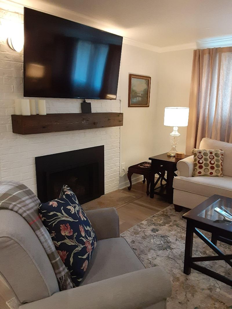 Gas fireplace and 65" smart TV includes Xfinity WIFI, Prime Video and Netflix.