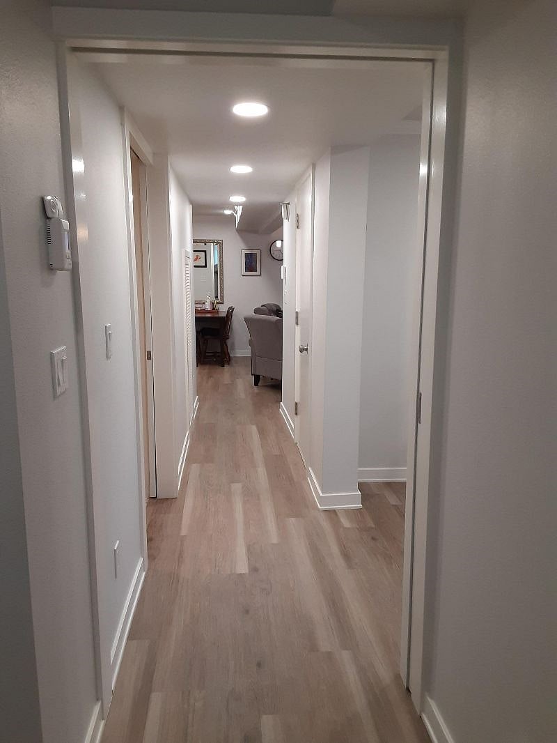 View down hallway from the bedroom.